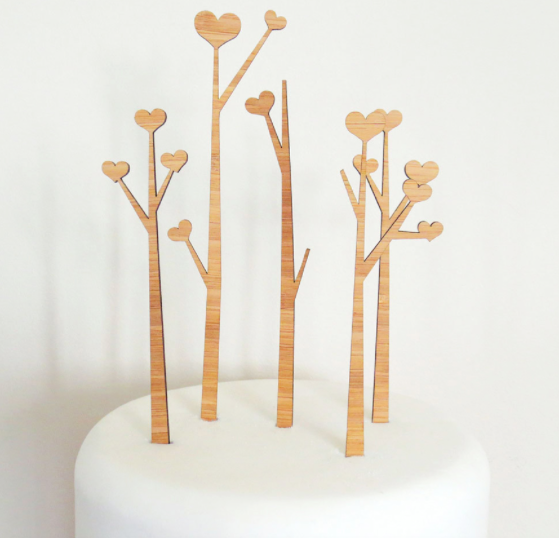 White Cake with Wooden Tree Cake Toppers