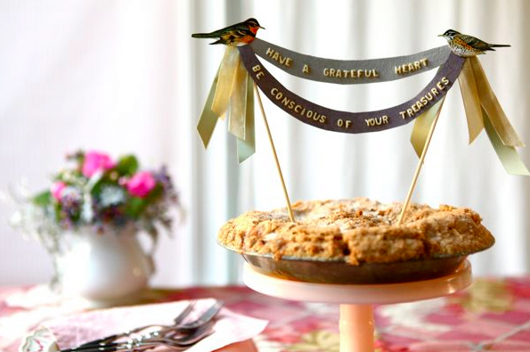 Pie with Handmade Bird-Themed Cake Toppers