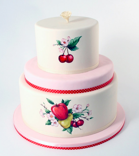 Cake featuring hand-painted cherries, on craftsy 