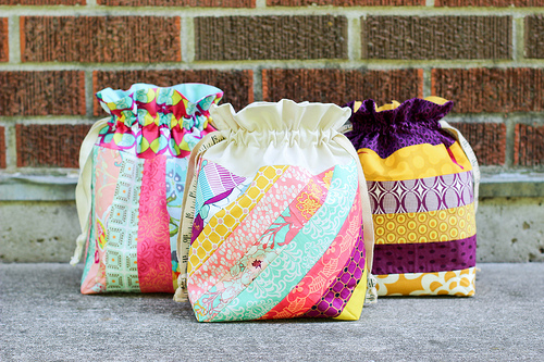 Three Vibrant Patchwork Drawstring Bags