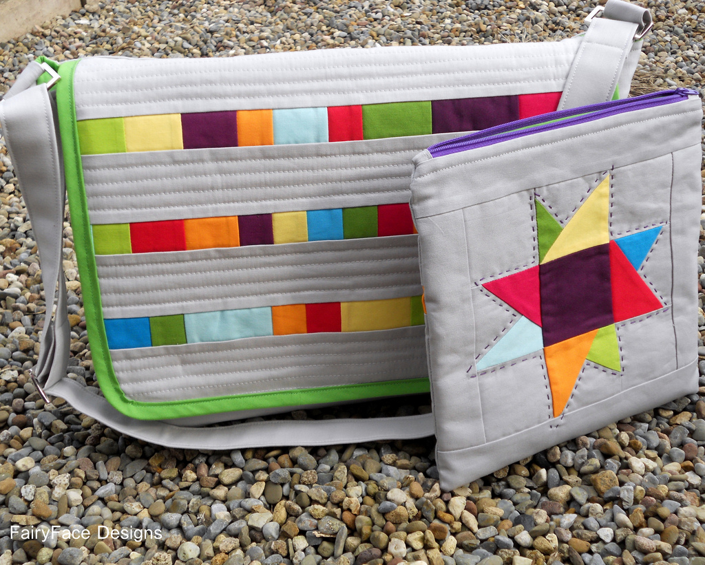 Grey Patchwork Messenger Bag and Pouch  