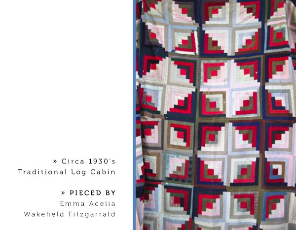 Circa 1930’s Traditional Log Cabin pieced by Emma Acelia Wakefield Fitzgarrald.