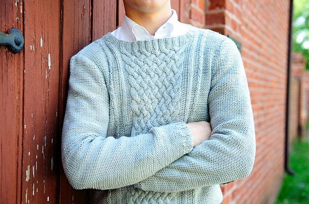 Man Modeling Light Blue Cable Sweater Against Barn 