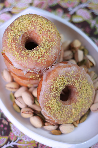 Aerial View of Stacks of Pistachio Donuts