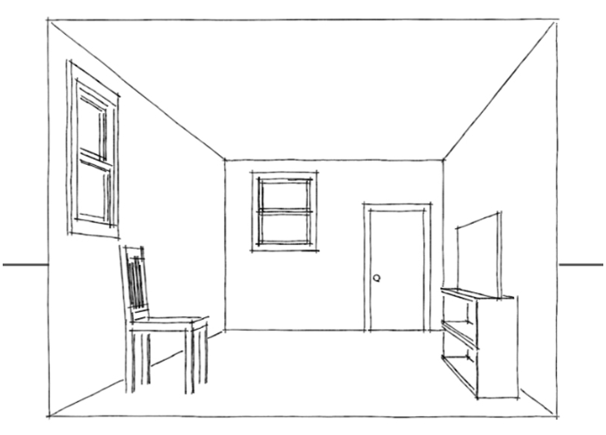 How to draw a bedroom in 1 point perspective step by step for beginners |  Perspektif satu titik, Ruangan, Interior