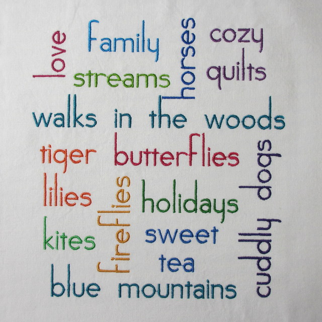 Embroidered Word Cloud Filled with Colorful Words