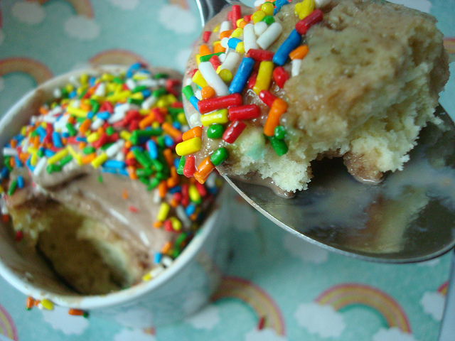 Close Up on Bite with Cake in a Mug in Background