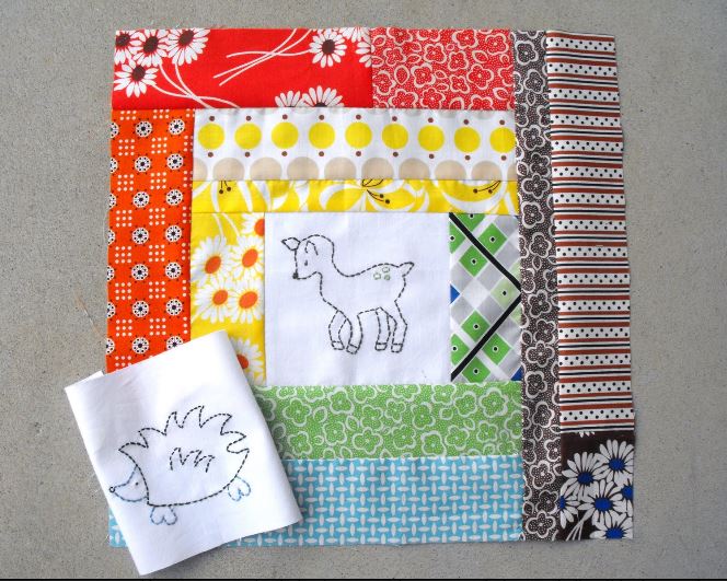 Colorful Baby Quilt with Embroidered Deer in Middle