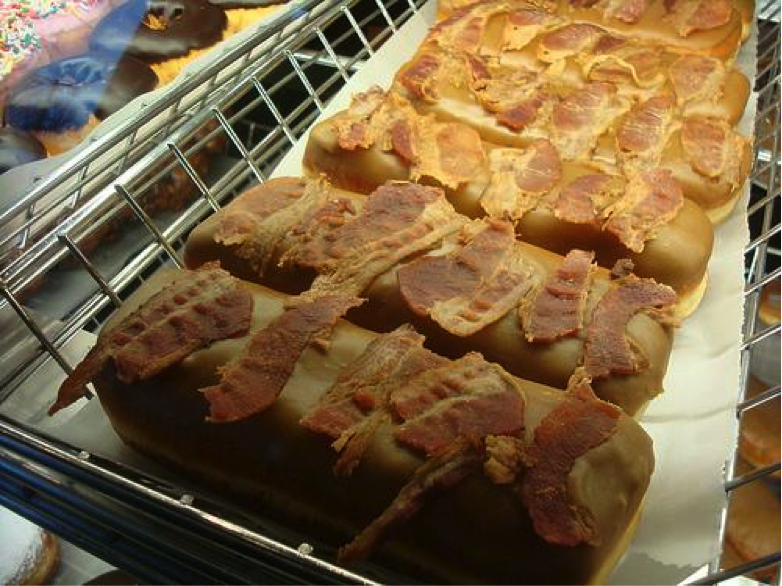 Row of Doughnuts Covered with Bacon Strips 