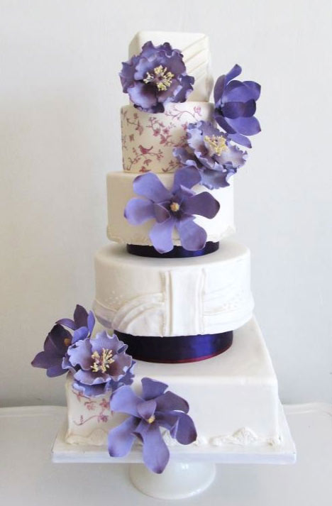 White Tiered Cake with Purple Flowers