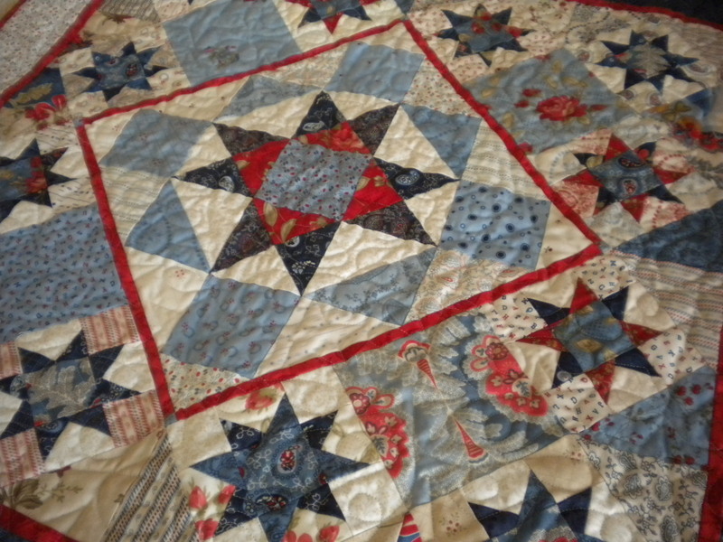 Res, White and Blue Quilt with Star Blocks