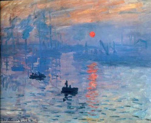 Monet Painting, Boats on Water, Orange Sunset