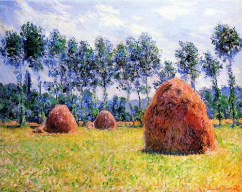 Monet Paiting, Haystacks in Open Field, Trees in Background