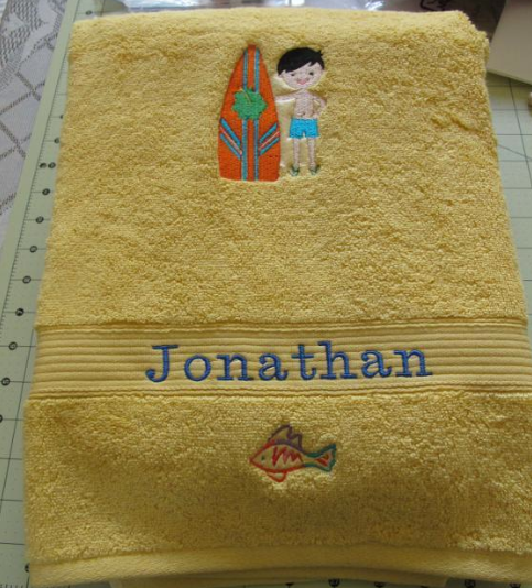 Yellow Beach Towel with Embroidered Name and Picture