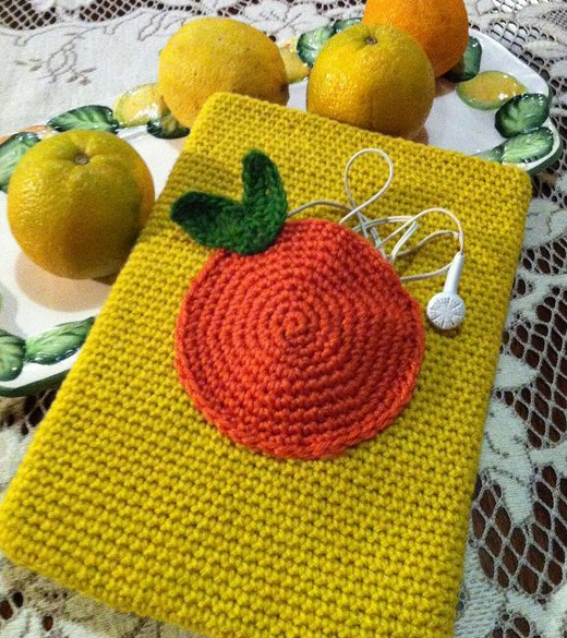 Yellow Crocheted Case with Orange Design