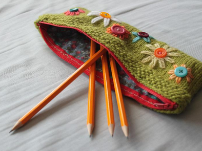 Knit Floral Pencil Case with Pencils Sticking Out 