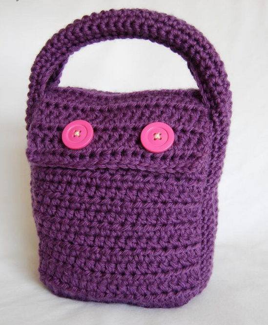 Purple Crocheted Lunch Clutch with Pink Buttons