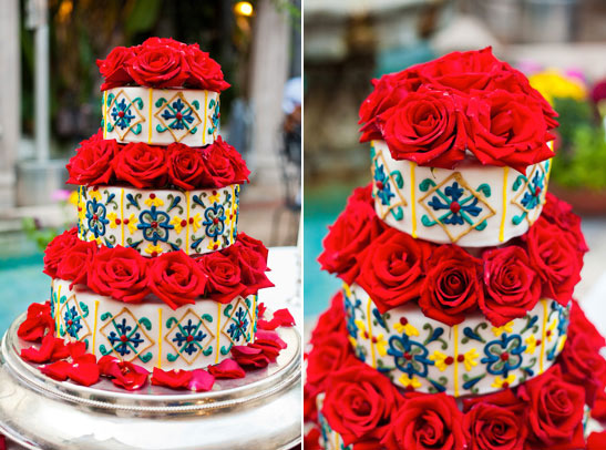 Tiered White Cake with Blue and Yellow Designs and Red Roses