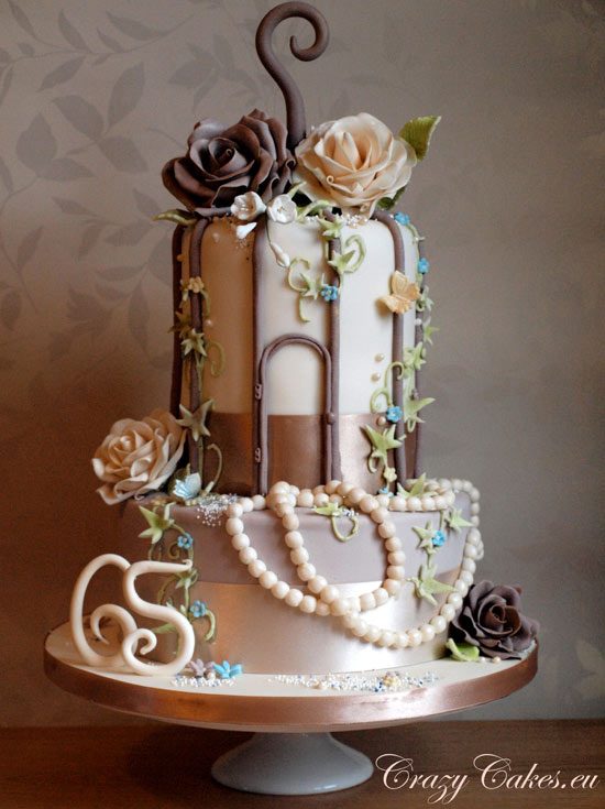 Tiered Birdcage Wedding Cake with Pearl Decoration and Roses