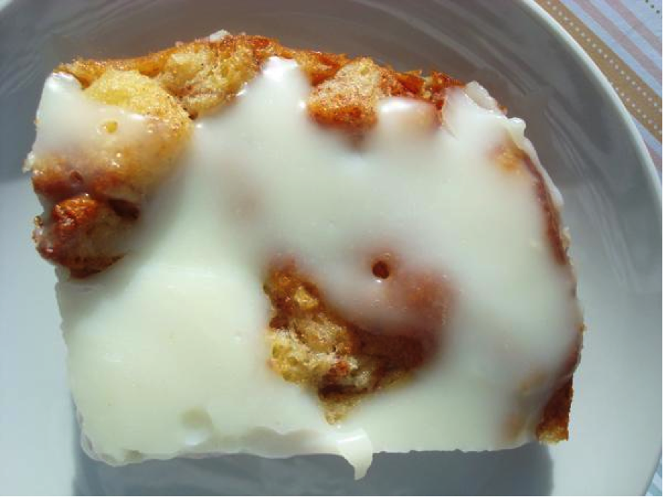 Piece of Bread Pudding Covered in Icing