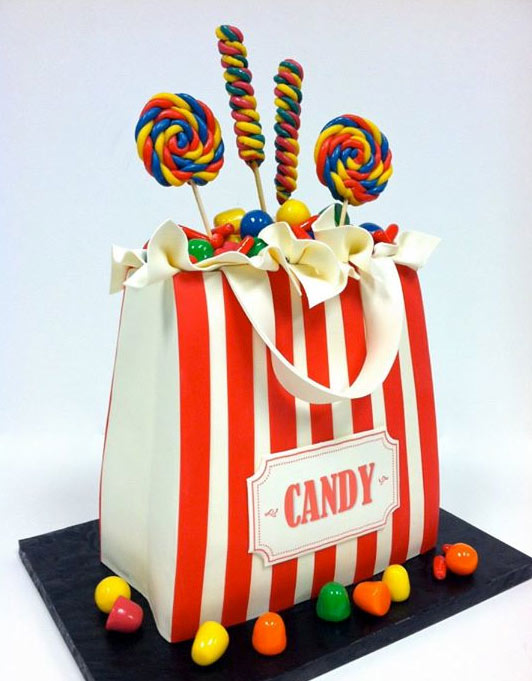 Cake in Shape of Striped Bag with Candy Peeking Out