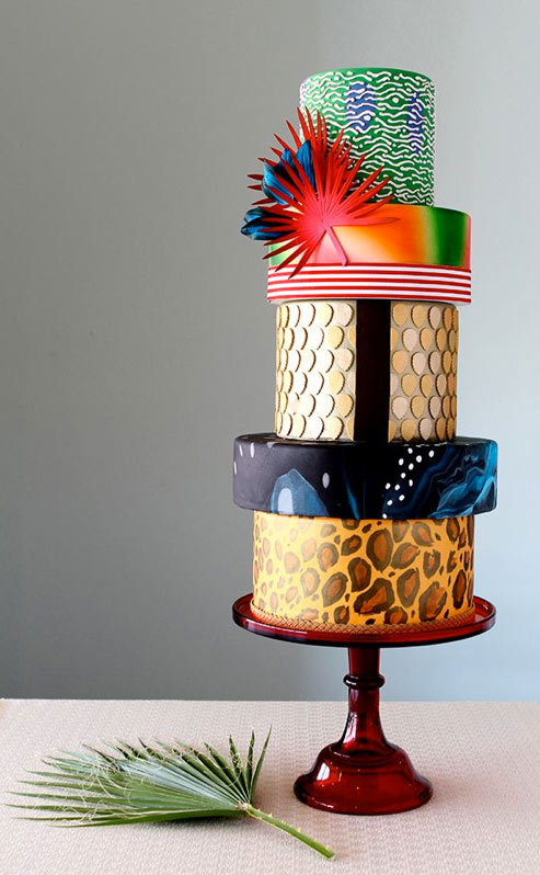 5 Tiered Multicolored Cake, Each Layer a Different Pattern and Design