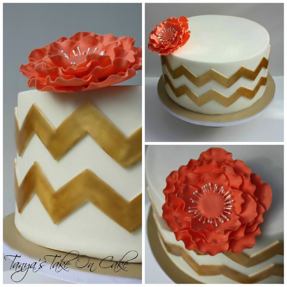 White and Gold Chevron Cake with Flower