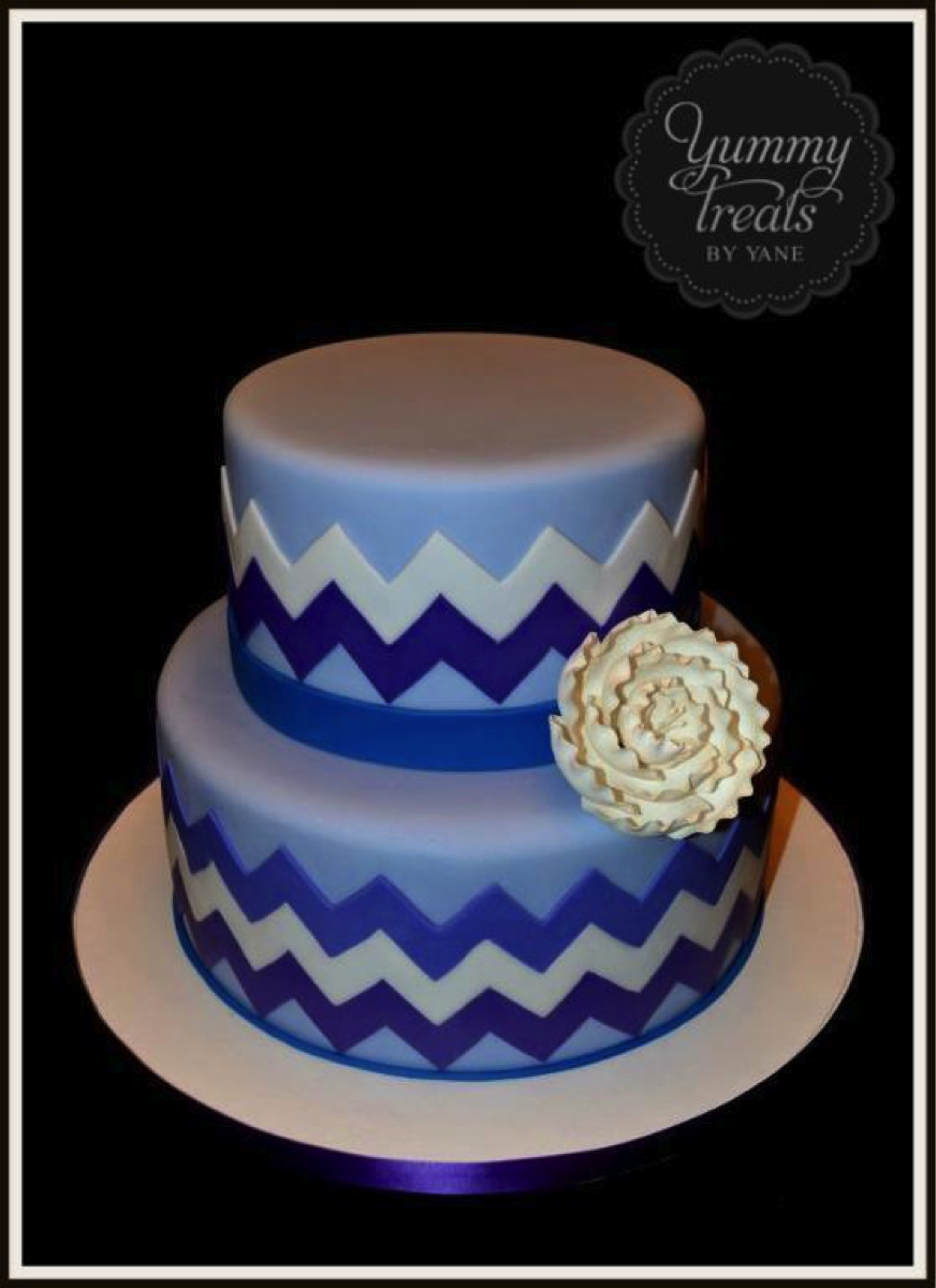 Blue Chevron Cake with White Flower