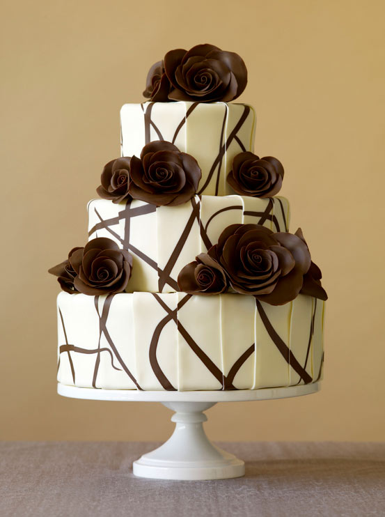 White Tiered Chocolate Wedding Cake with Brown Flowers