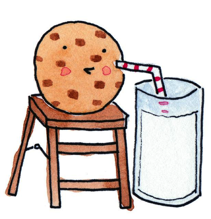 Cartoon of Chocolate Chip Cooking on Stool Drinking Milk