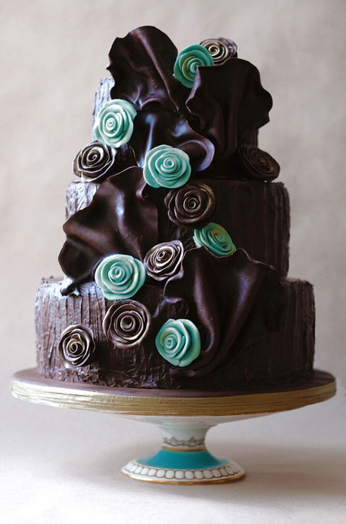 Tiered Chocolate Ruffle Cake with Teal Flowers