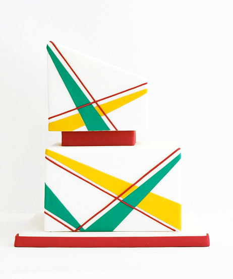 Two Tiered Square Cake with Yellow and Green Diagonal Lines