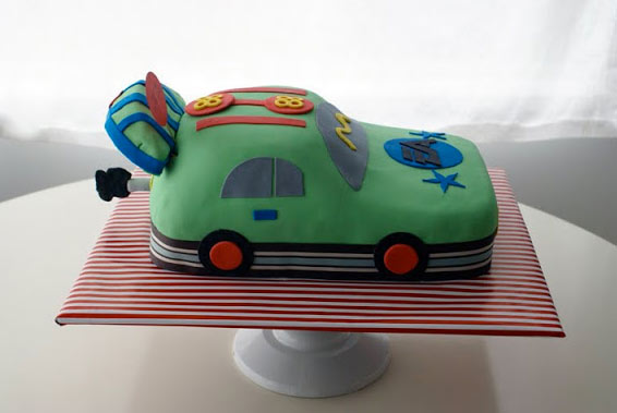 Green Car Cake on Stripped Cake Stand