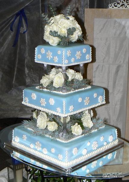 Three-Tier Blue Wedding Cake with White Roses