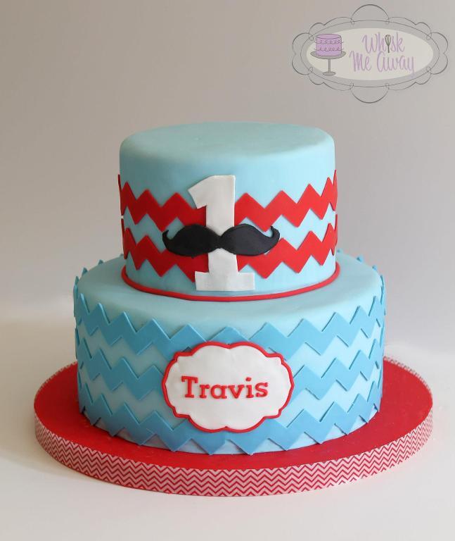 Blue 1st Birthday Cake with Red Chevron Stripes and Mustache