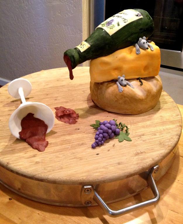 Cake Shaped Like Cheese, Mice, Spilling Wine Bottle and Spilling Wine Glass