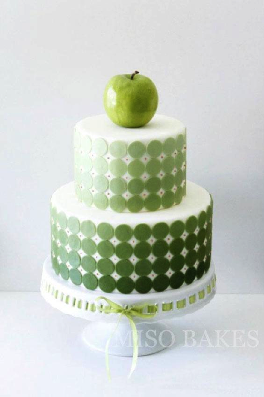 Green Apple Sitting Atop Green Polka Dot Cake