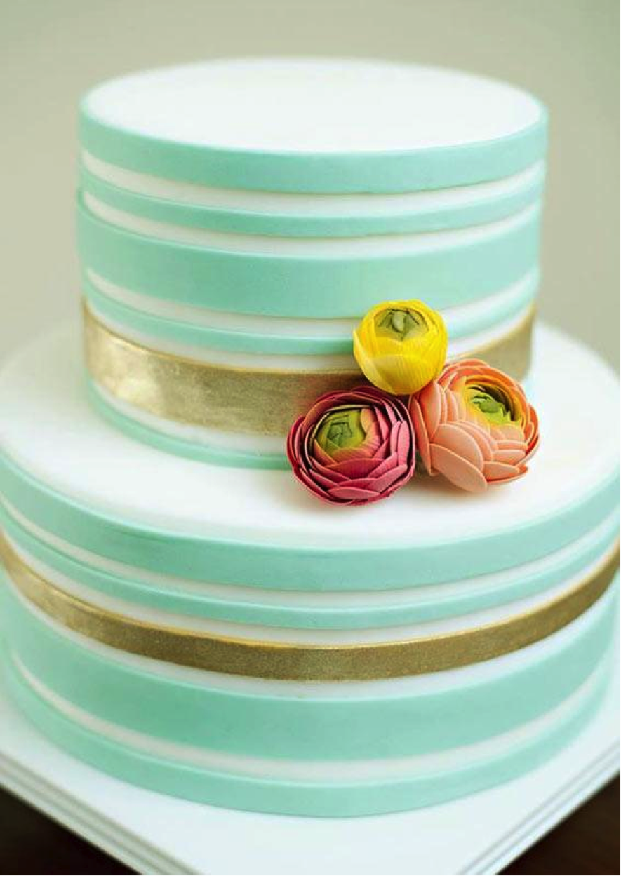 Green Stripe Cake with Gold and Flowers