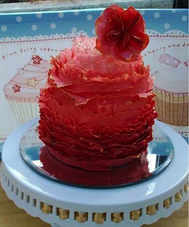Red Ombré Cake with Frills and Flower