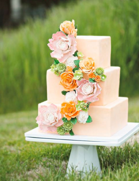 Peach-Colored Square Tiered Wedding Cake with Flowers