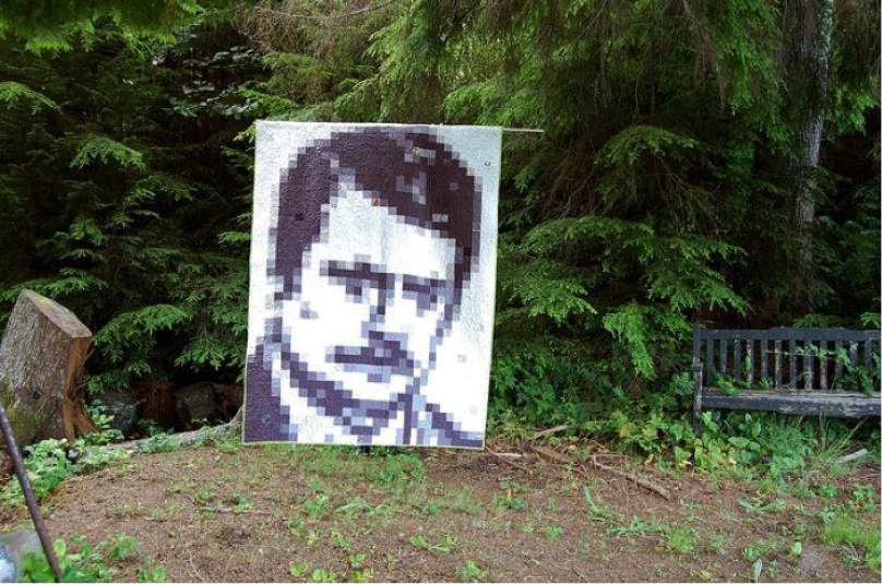 Pixel Quilt of Man's Face, Natural Background