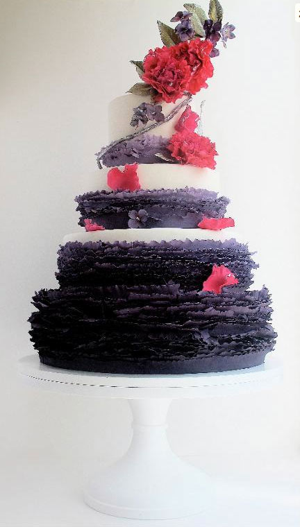 Cake with Purple Frills and Red Flowers