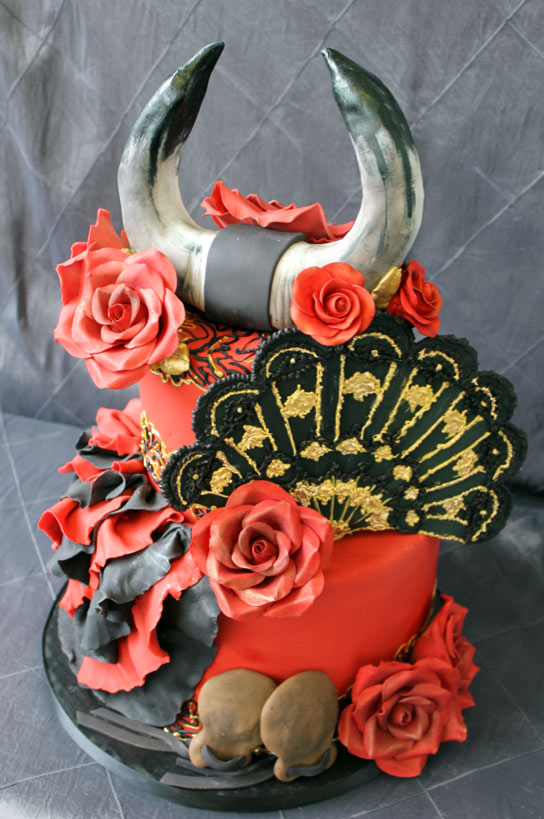 Pink Cake with Roses, Flamenco Fan, Topped with Bull Horns