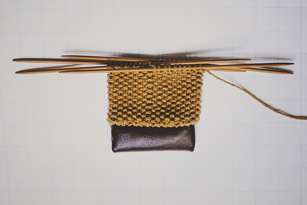 Knit and Leather Sunglasses Case Still Attached to Needles