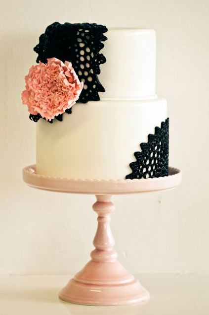 White Tiered Cake with Black Lace and Pink Rose