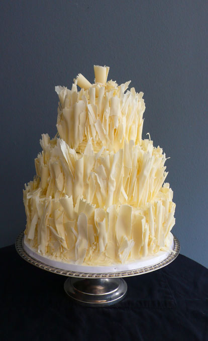 White Chocolate Wedding Cake with Shaved Chocolate Tiers