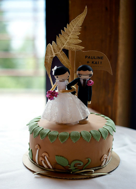 Woodland Themed Cake Topped with Wooden Bride and Groom