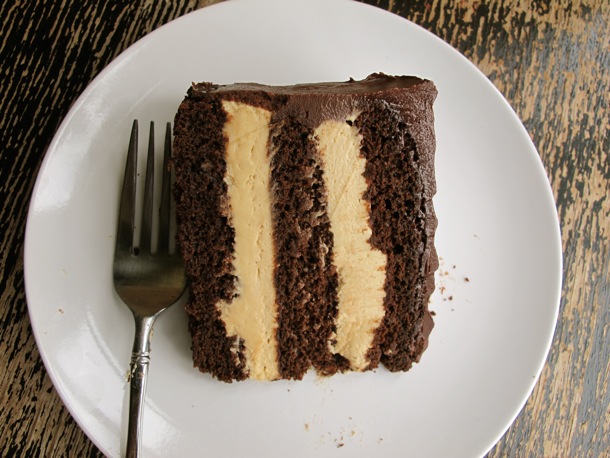 Slice of Chocolate and Peanut Butter Cake on Plate