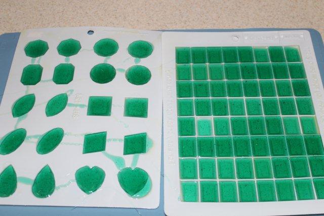 Plastic Sugar Molds Filled with Green Liquid Sugar