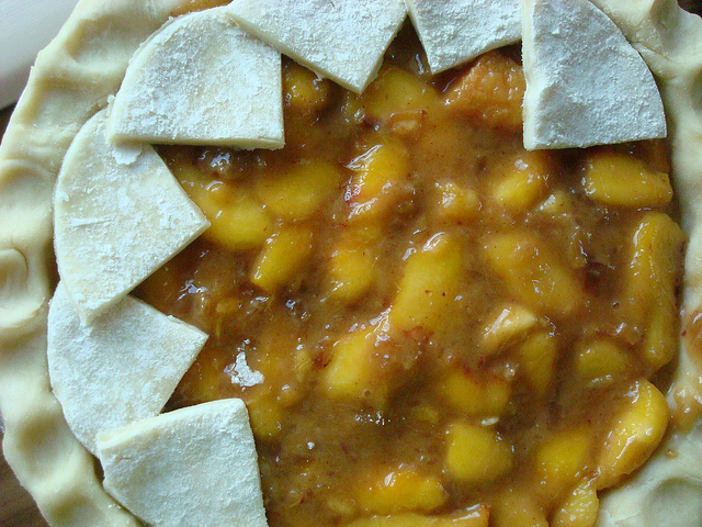 Top View of Pie, Filled, Being Covered with Shapes